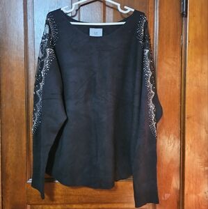 Liv Milano Black Sweater with Embellished Sheer and Beaded Sleeves